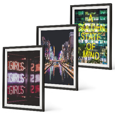Set of 3 framed wall art pieces Neon signs river at night