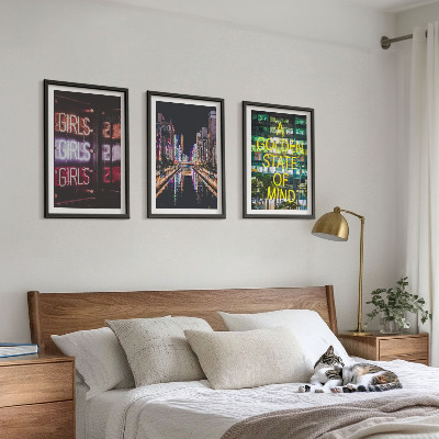 Set of 3 framed wall art pieces Neon signs river at night