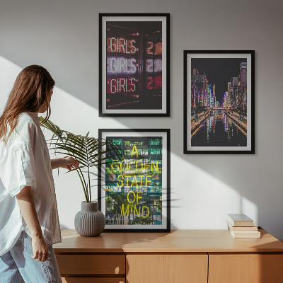 Set of 3 framed wall art pieces Neon signs river at night