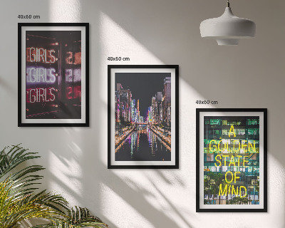 Set of 3 framed wall art pieces Neon signs river at night