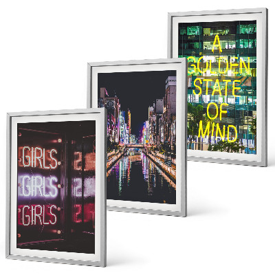 Set of 3 framed wall art pieces Neon signs river at night