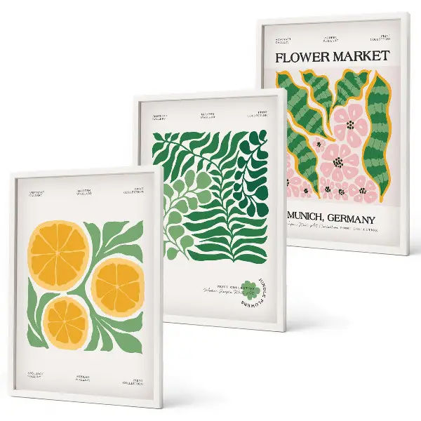 Wall art set with pastel fruit and plant motifs