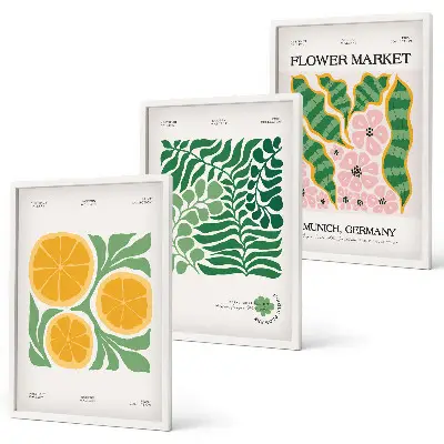 Wall art set with pastel fruit and plant motifs