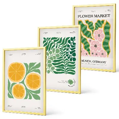 Wall art set with pastel fruit and plant motifs