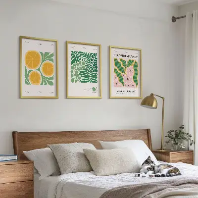 Wall art set with pastel fruit and plant motifs