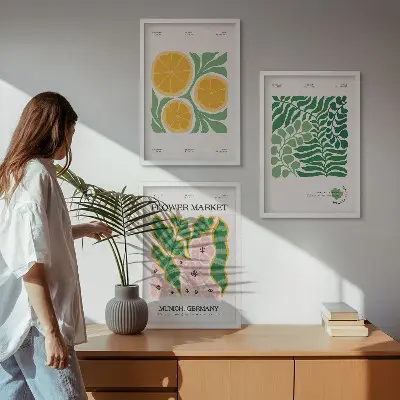 Wall art set with pastel fruit and plant motifs