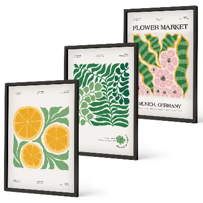 Wall art set with pastel fruit and plant motifs
