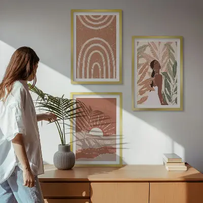 Boho abstract shapes set of 3 framed wall art pieces