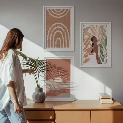 Boho abstract shapes set of 3 framed wall art pieces