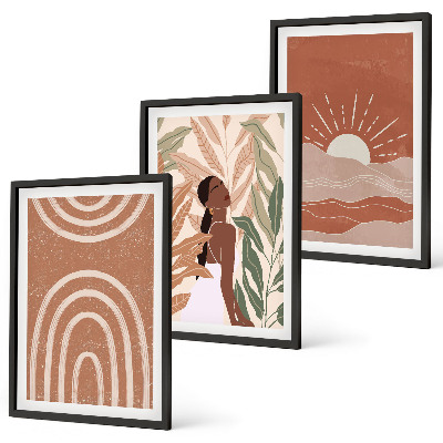 Set of 3 framed wall art pieces Boho abstract shapes