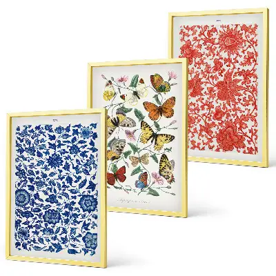 Wall art set featuring vintage flowers, butterflies, and ornaments