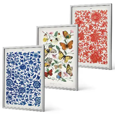 Wall art set featuring vintage flowers, butterflies, and ornaments