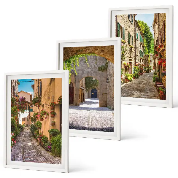 Three-piece wall art set featuring Italian street flowers and architecture
