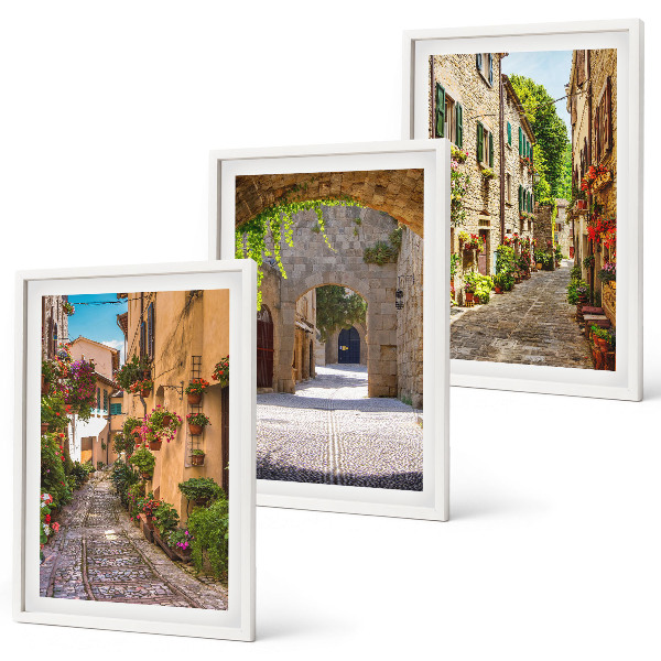 Three-piece wall art piece Italian streets flowers architecture