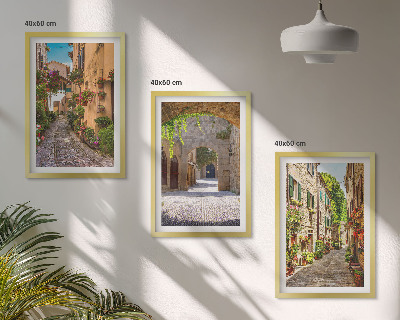 Three-piece wall art piece Italian streets flowers architecture