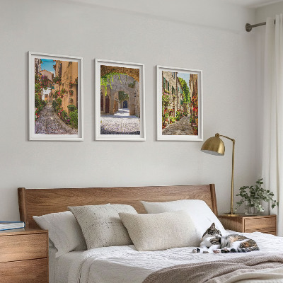 Three-piece wall art piece Italian streets flowers architecture