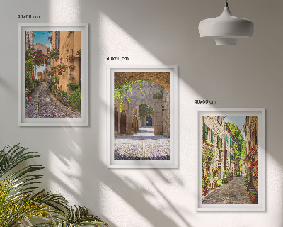 Three-piece wall art piece Italian streets flowers architecture