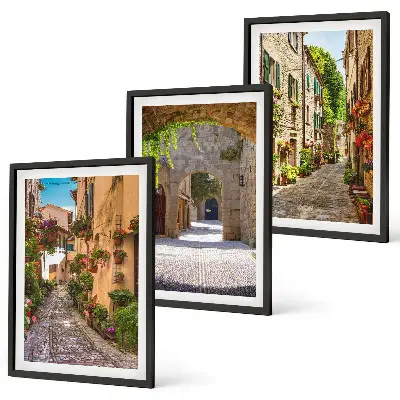 Three-piece wall art set featuring Italian street flowers and architecture
