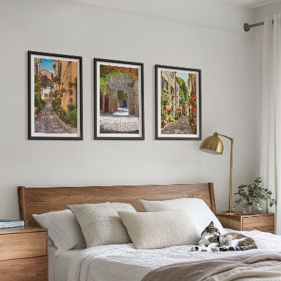 Three-piece wall art piece Italian streets flowers architecture