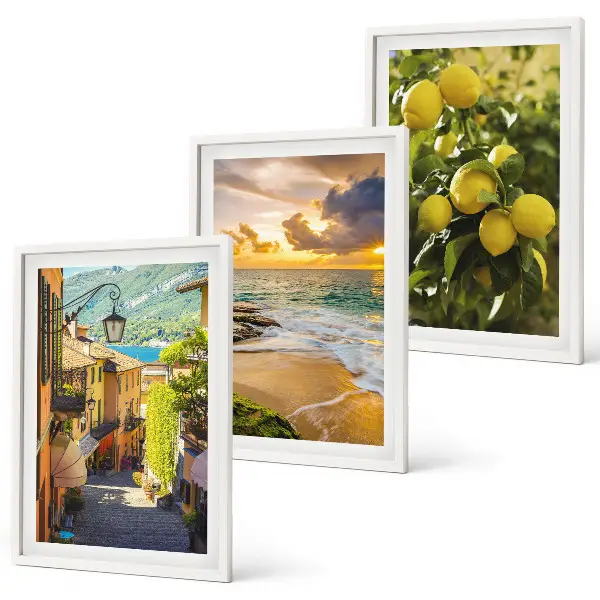 Three-piece wall art set depicting streets, sea, beach, and citrus trees