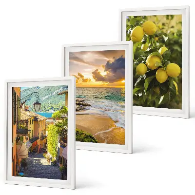 Three-piece wall art set depicting streets, sea, beach, and citrus trees