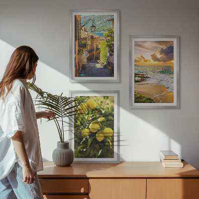 Three-piece wall art piece Streets, sea, beach, citrus trees