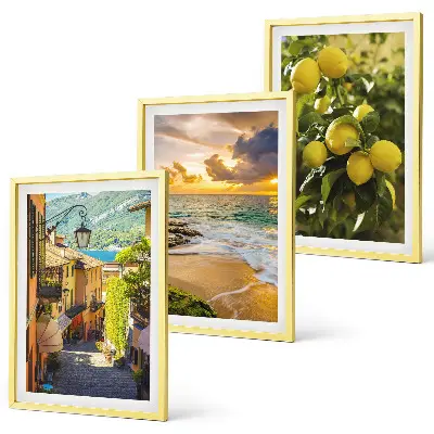 Three-piece wall art set depicting streets, sea, beach, and citrus trees