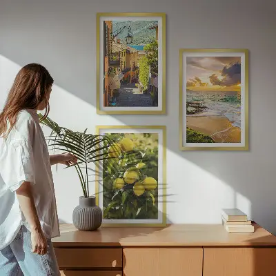 Three-piece wall art set depicting streets, sea, beach, and citrus trees