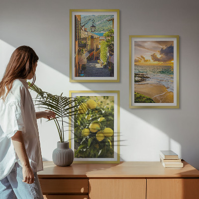 Three-piece wall art piece Streets, sea, beach, citrus trees