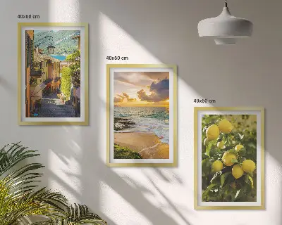 Three-piece wall art set depicting streets, sea, beach, and citrus trees
