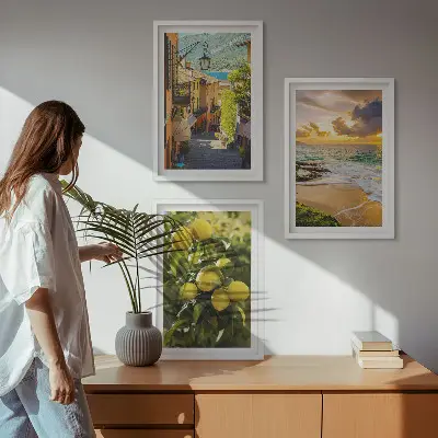 Three-piece wall art set depicting streets, sea, beach, and citrus trees