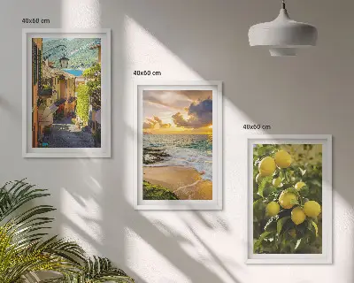 Three-piece wall art set depicting streets, sea, beach, and citrus trees