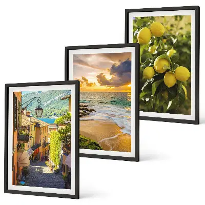 Three-piece wall art set depicting streets, sea, beach, and citrus trees