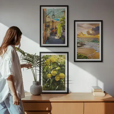 Three-piece wall art set depicting streets, sea, beach, and citrus trees