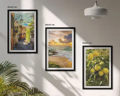 Three-piece wall art set depicting streets, sea, beach, and citrus trees