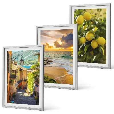 Three-piece wall art set depicting streets, sea, beach, and citrus trees