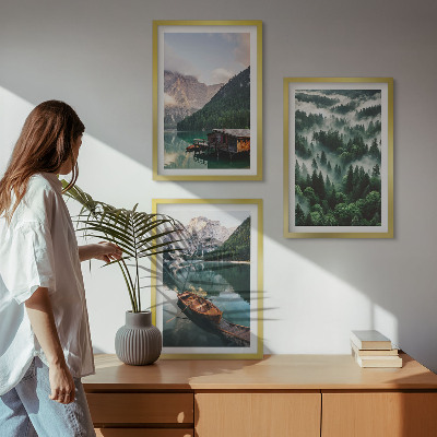 Wall art set Mountain lake boat forest fog
