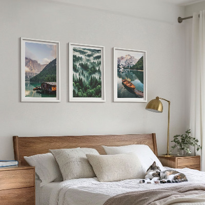 Wall art set Mountain lake boat forest fog