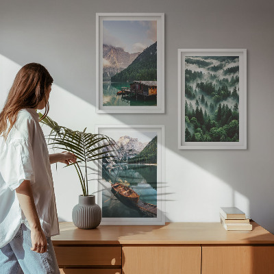 Wall art set Mountain lake boat forest fog