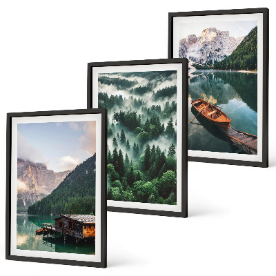 Wall art set Mountain lake boat forest fog
