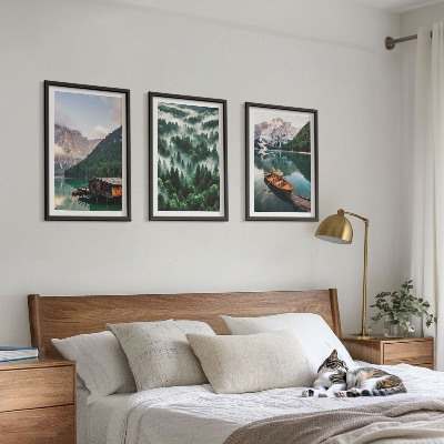 Wall art set Mountain lake boat forest fog
