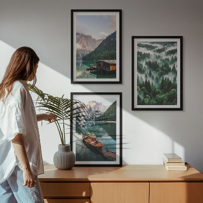 Wall art set Mountain lake boat forest fog
