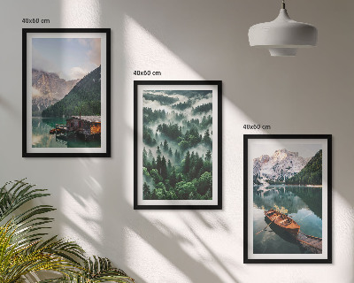 Wall art set Mountain lake boat forest fog