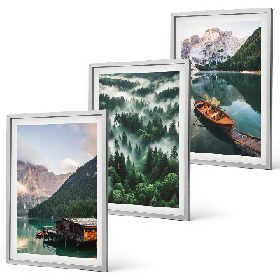 Wall art set Mountain lake boat forest fog