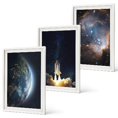 Three-piece wall art piece Space Earth rocket galaxy