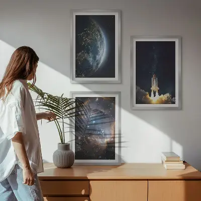 Three-piece wall art set featuring a space earth rocket and galaxy design