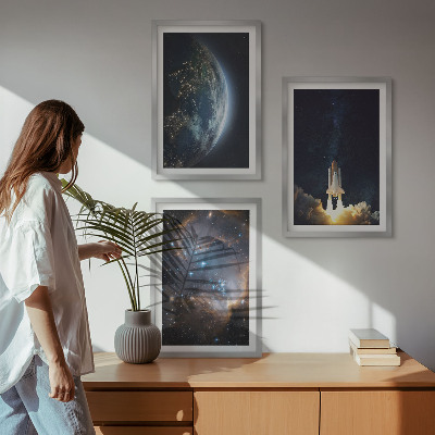 Three-piece wall art piece Space Earth rocket galaxy