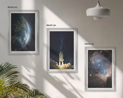 Three-piece wall art set featuring a space earth rocket and galaxy design
