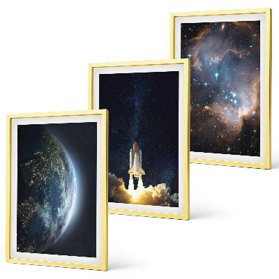 Three-piece wall art piece Space Earth rocket galaxy