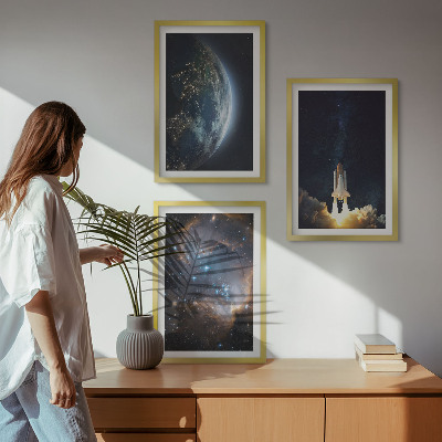 Three-piece wall art piece Space Earth rocket galaxy